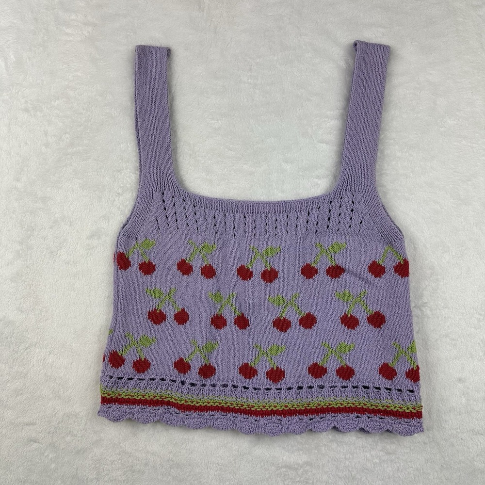 Zara Womens Sweater Crop Cami Tank Top S Purple With Cherries